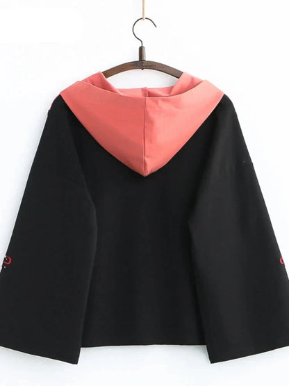 maoxiangshop Japanese Harakuju Embroidery Cotton Hooded Sweatshirt Women Summer Vintage Hoodies Korean Female Basic Pullover Top