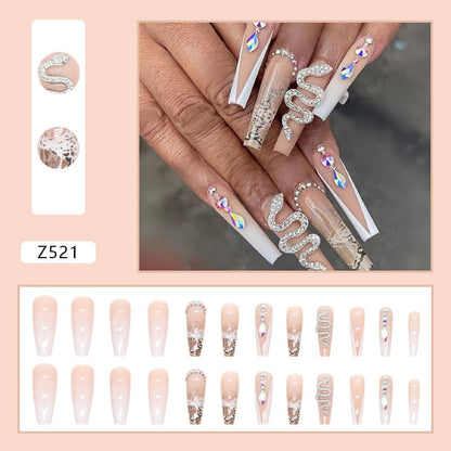 24Pcs Long Ballerina French False Nails Snake Rhinestones Design Fake Nails Wearable Coffin Press on Nails Full Cover Nail Tips