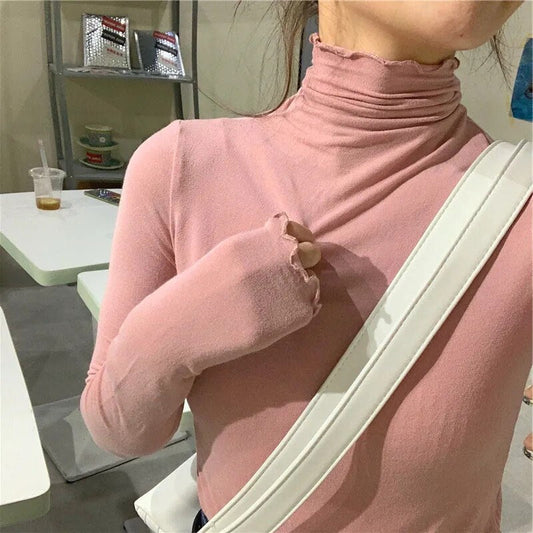 maoxiangshopSpring Autumn Turtleneck T-shirt Women All-Match Top Shirt Soft Comfortable Inner Top Casual Long Sleeve T-shirt Office Wear