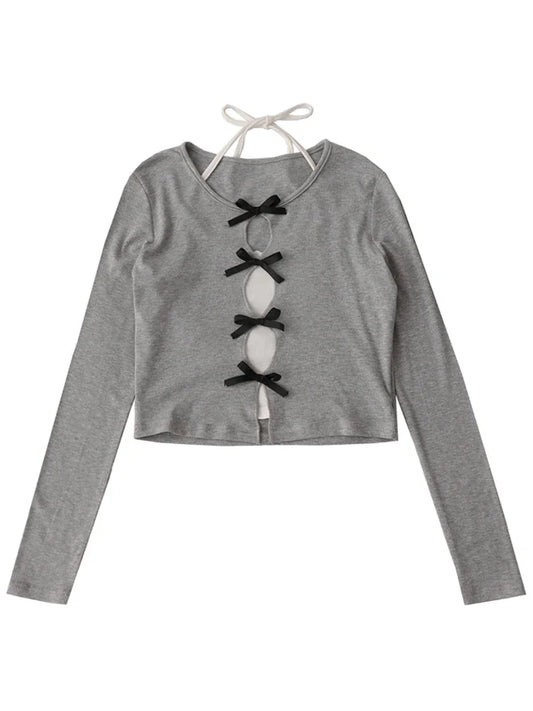 Womnen Korean Fashion Long Sleeve Hollow Out Crop Top Gyaru Fake Two Pieces T-Shirts Grunge Coquette Girl Lace Up Tees 2000s Y2k