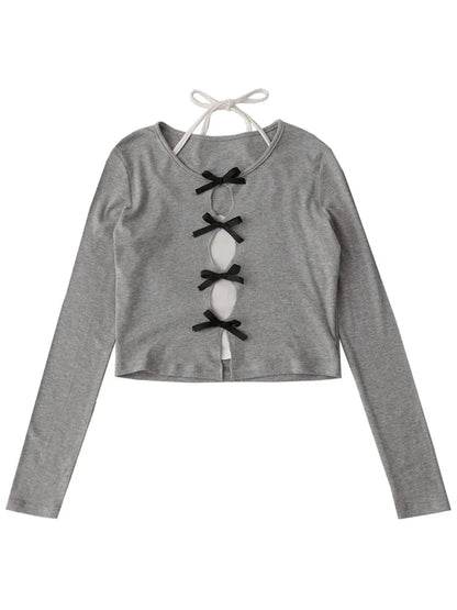 Womnen Korean Fashion Long Sleeve Hollow Out Crop Top Gyaru Fake Two Pieces T-Shirts Grunge Coquette Girl Lace Up Tees 2000s Y2k