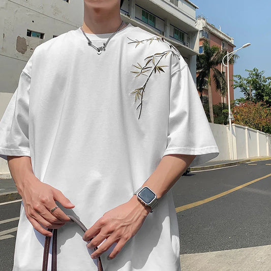 maoxiangshop Bamboo Embroidered T Shirt Men Harajuku Streetwear T-Shirts Summer Short Sleeve Black White Loose Casual Tshirt Tees Top