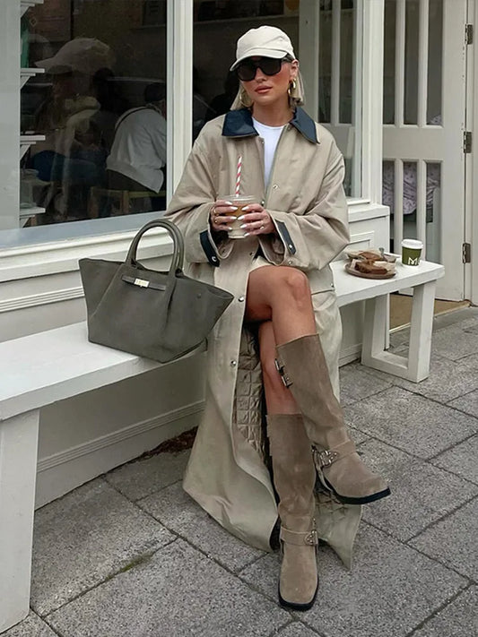maoxiangshop  -  Elegant Patchwork Contrast Women Coat Loose Full Sleeve Zipper Button Pocket Maxi Coats Female 2024 Autumn Winter Lady Outwear