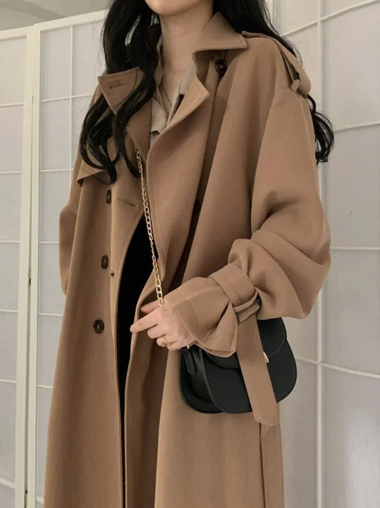 Autumn Long Coats Woman Winter 2023 Tops Solid Lapel Double-breasted Oversized Windbreaker Jacket Trench Coat for Women Clothes
