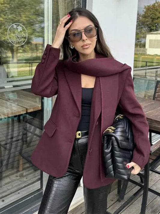 maoxiangshop  -  cold weather outfuts Wine Red Woolen Coat Women Fashion Lapel With Scarf Long Sleeve Female Coats 2024 Winter Single-breasted Loose Lady Outwear