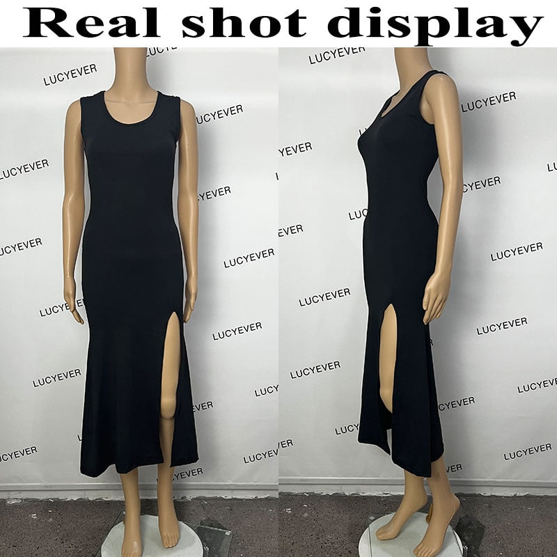 Black Sleeveless Strap Dress Women Sexy Slim Fit Side Slit Irregular Maxi Dress woman Summer Korean Simple One piece Dresses