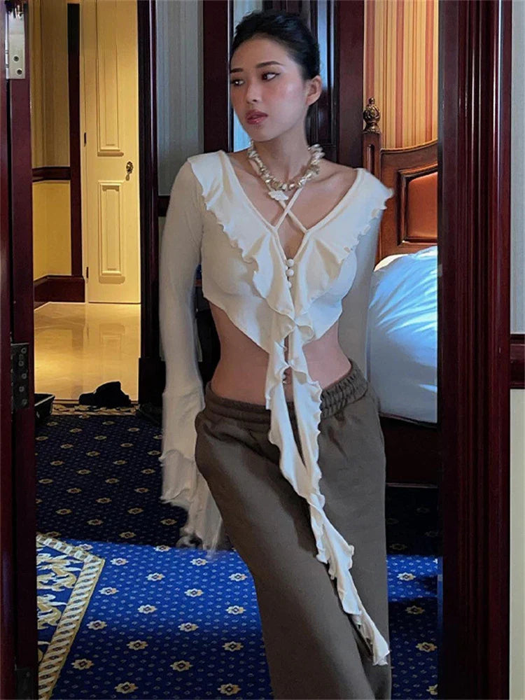 maoxiangshop  -  Sexy Women Ruffles Long Sleeve Club Halter Y2K Blouse T Shirt Outfits Party Autumn Slim Mini Tees T Shirt Crop Tops Harajuku