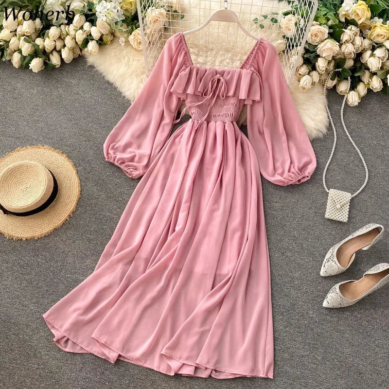 Woherb Chic Elegant Square Collar Maxi Dress Women Solid Chiffon Puff Sleeve Dresses 2024 Korean Fashion Vintage Ruffle Vestidos