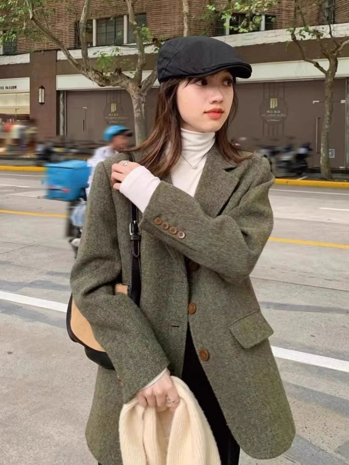 maoxiangshop  -  Retro Herringbone Patterned Suit Jacket For Women's Autumn And Winter New Style, High-Quality Loose Wool Jacket