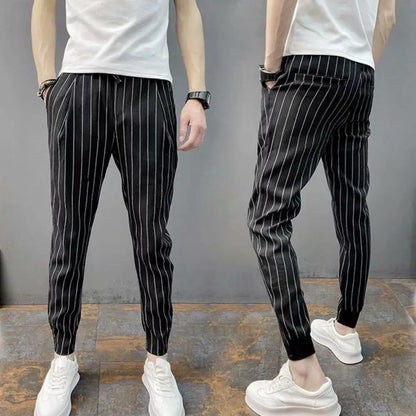 maoxiangshop Men Harem Pants Striped Drawstring Elastic Waist Slim Fit Streetwear Spring Autumn Stretch Ankle Tied Pencil Pants for Daily