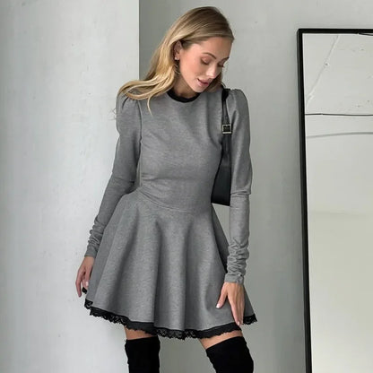 maoxiangshop  -  Lace Splice Elegant Mini Dress Female Autumn Winter New Contrast Color Office Woman Dress Long Sleeve High Waist Clothes