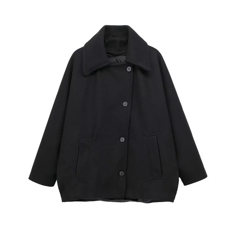 maoxiangshop  -  Women's Loose Casual Woolen Coats Retro Double Breasted Stand Collar Short Jacket Office Lady Outerwear Autumn Winter