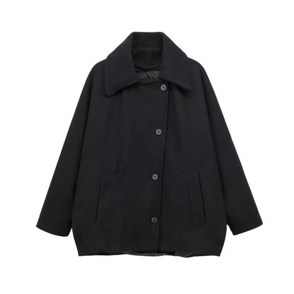 maoxiangshop  -  Women's Loose Casual Woolen Coats Retro Double Breasted Stand Collar Short Jacket Office Lady Outerwear Autumn Winter