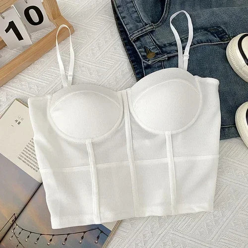 maoxiangshop Strap Sexy Tanks Women Solid Colours Femme Croset Crop Tops Built in Bras Korean Fashion Backless Camisole