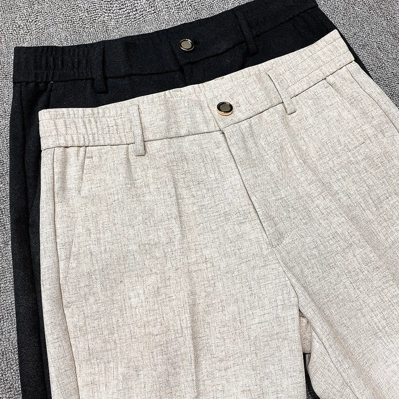 maoxiangshop Men's High Quality Linen Suit Trousers Male Slim Fit Solid Color Business Casual Pants Formal Office Social Trouser Plus Size 38