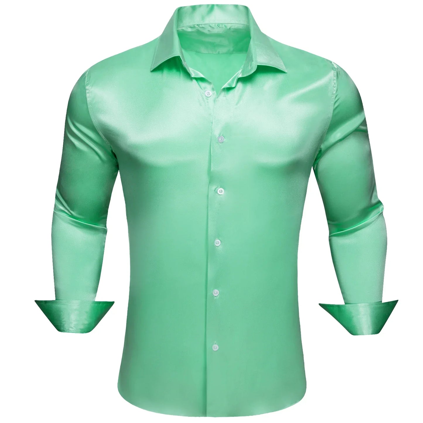 maoxiangshop Luxury Shirts for Men Silk Satin Solid Plain Red Green Yellow Purple Slim Fit Male Blouses Turn Down Collar Casual Tops