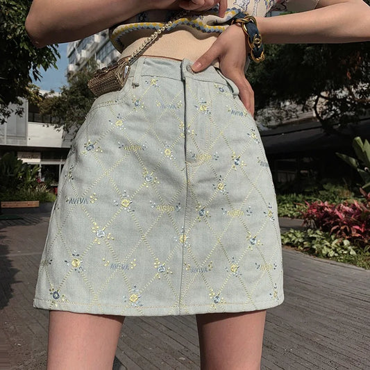 maoxiangshop  -  New Flowers Embroidery Women Denim Skirt Floral Summer Autumn Lady Elegant Fashion Students Sweet Tassel Mini Jean Skirts