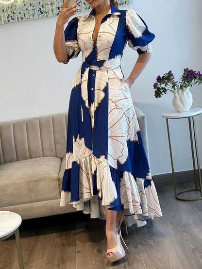 maoxiangshop Women Floral Print Long Dress Summer Casual  Turn-down Collar Half Sleeve Loose Big Swing Dress Female Vintage  Beach Maxi Dress