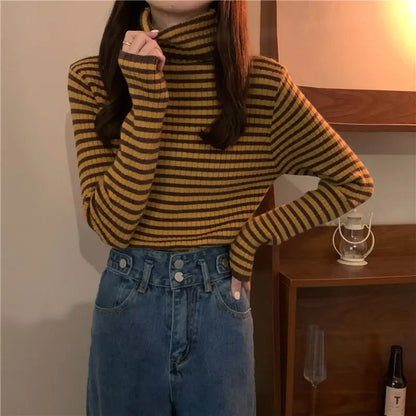 maoxiangshop Women's Striped Turtleneck Sweater Autumn and Winter Knit Sweater Women's Long Sleeve Striped Sweater Turtleneck Sweater