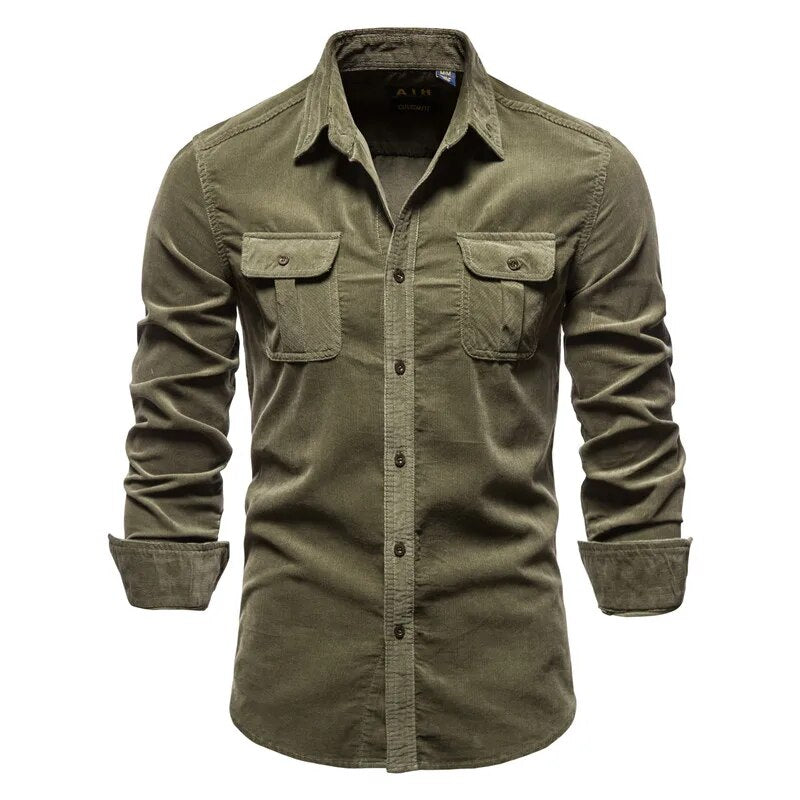 maoxiangshop New Men's Shirt Fashion Corduroy Shirts Men Business Casual Single Breasted Cotton Men Shirts Solid Color Slim Fit Full Top