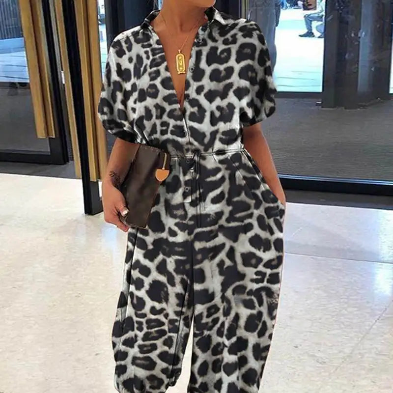 maoxiangshop Leopard Printed Jumpsuit Women Summer New Short Sleeves Leace-up Pocket Casual Jumpsuits Fashion Vintage Ladies Bodysuits