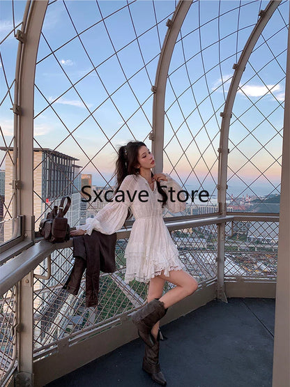 Autumn White Chiffon Dress Women Casual Long Sleeve Y2k Mini Dress Even Party Elegant One Piece Dress Korean Fashion Chic