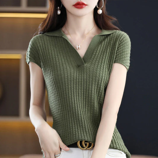 maoxiangshop Spring and Summer New Cashmere Sweater Polo collar Women's Short sleev Knitted Sweater Loose Thin Pullover Short-Sleeved