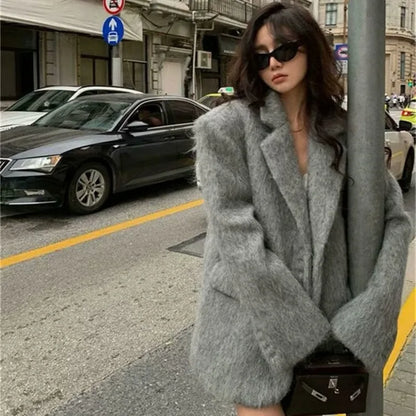 maoxiangshop  -  New Women's Collar Plush Jacket Elegant Loose Chic Coat Winter Thicken Fashion Office Ladies Warm Button Plush Jacket