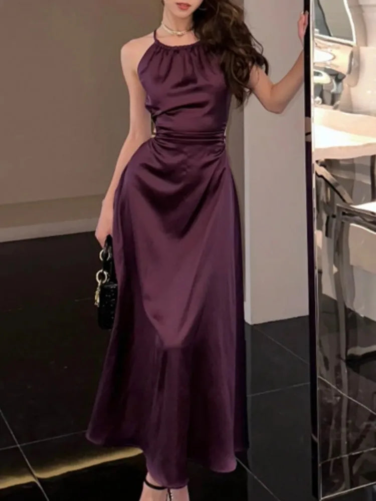 maoxiangshop Vintage Satin Midi Dresses for Women New Summer French Fold Hollow Out Elegant Prom Fashion Slim Casual Female Clothes Robe