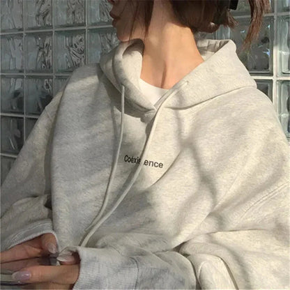 Autumn Women Kpop Loose Hooded Sweatshirts Thick Warm Pullovers Long Sleeve Couple Tops Harajuku Vintage Letter Printed Hoodies