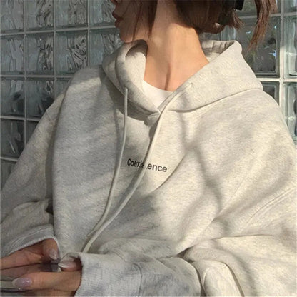Autumn Women Kpop Loose Hooded Sweatshirts Thick Warm Pullovers Long Sleeve Couple Tops Harajuku Vintage Letter Printed Hoodies