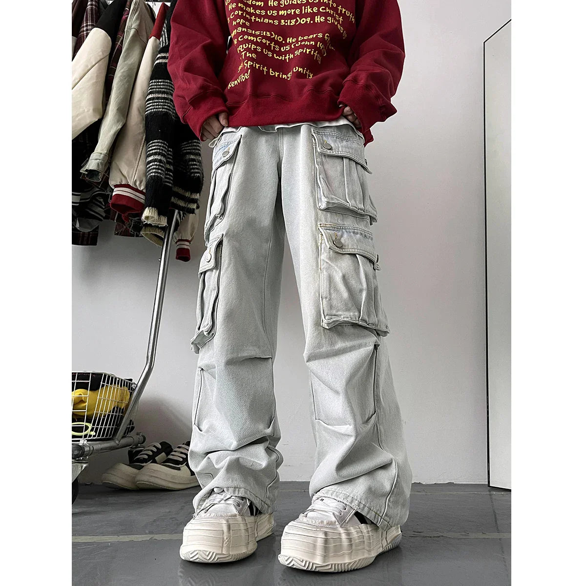 maoxiangshop Light Blue Cargo Jeans Men's Patchwork Straight Casual Trousers Men Muti-pockets Hip Hop Streetwear Loose Fashion Pants