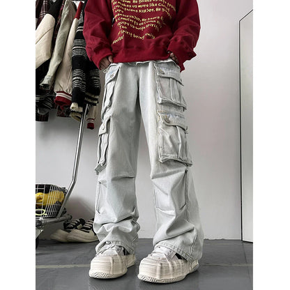 maoxiangshop Light Blue Cargo Jeans Men's Patchwork Straight Casual Trousers Men Muti-pockets Hip Hop Streetwear Loose Fashion Pants