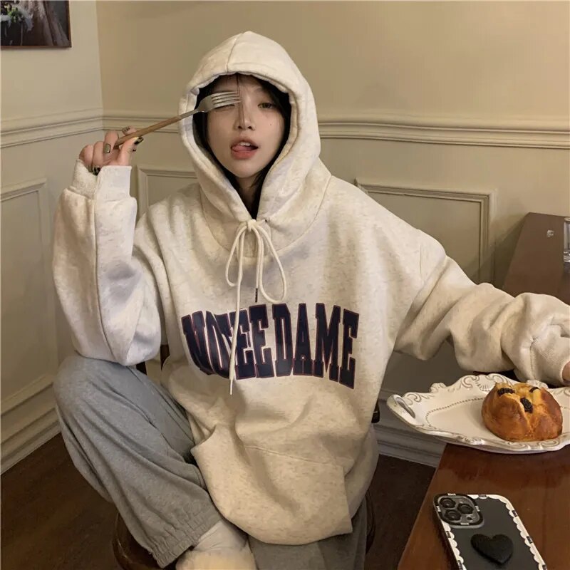 maoxiangshop 2023 Autumn Women Letter Print Oversized Hoodie Harajuku High Street Loose Hooded Sweatshirt Y2k Clothes Streetwear Pullover Top