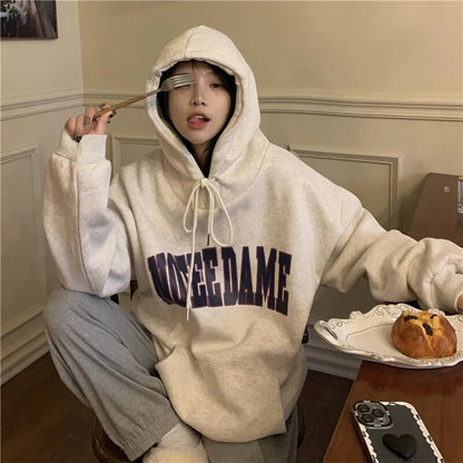 maoxiangshop 2023 Autumn Women Letter Print Oversized Hoodie Harajuku High Street Loose Hooded Sweatshirt Y2k Clothes Streetwear Pullover Top