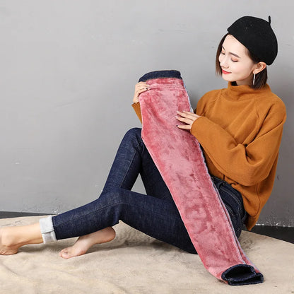 maoxiangshop Women Thermal Jeans Winter Snow Warm Plush Stretch Jeans Lady Skinny Thicken Fleece Denim Long Pants Retro Pencil Trousers