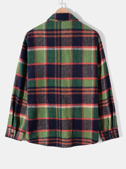 maoxiangshop Long Sleeve Shirt for Men Plaid Fuzzy Button Shacket Blouses Unisex Streetwear Overshirt Fall Winter Warm Shirt Tops
