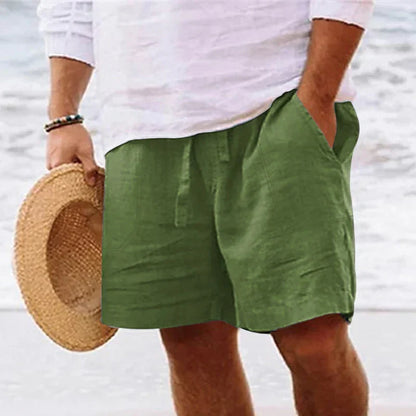 maoxiangshop Men's summer cotton and linen shorts with drawstring elastic waist, straight legs, solid color, breathable daily beach capris