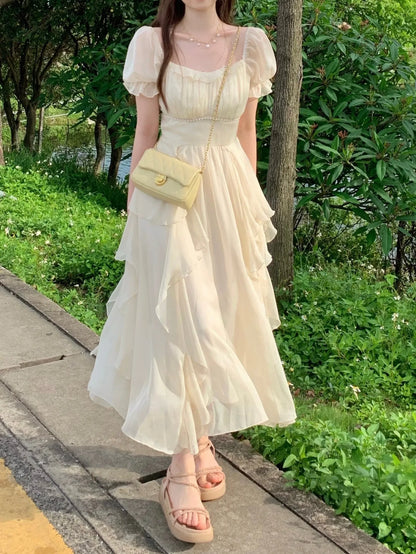 Summer Chiffon Fairy Dress Women Solid Elegant Party Midi Dress Female Casual Sweet Korean Fashion Pink Dress New Clothes