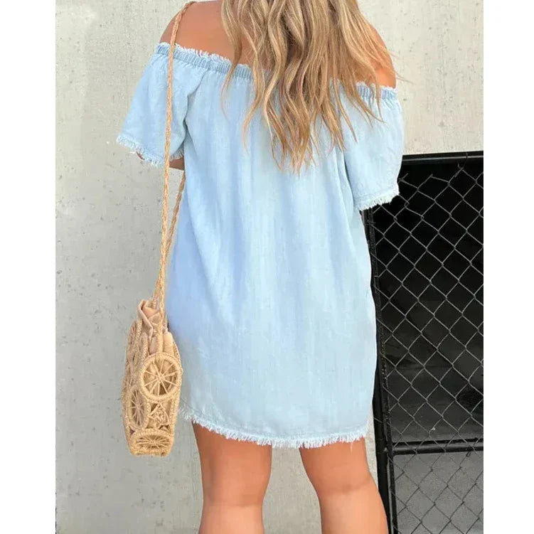 maoxiangshop Shirt Dress Denim Jeans Dresses Women Off Shoulder Slash Neck Blue Tassel Single Breasted A Line Mini Vestidos Streetwear