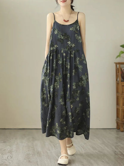 Anteef sleeveless strap cotton vintage floral new in dresses for women casual loose long summer dress elegant clothing 2024