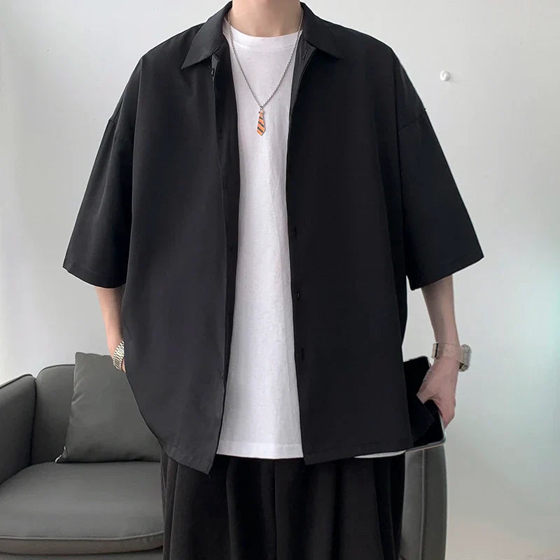 maoxiangshop Half Sleeve Shirts Men Clothing All-match Ulzzang Fashion Students Handsome Summer Thin Casual Simply Baggy Hemden Pure Color