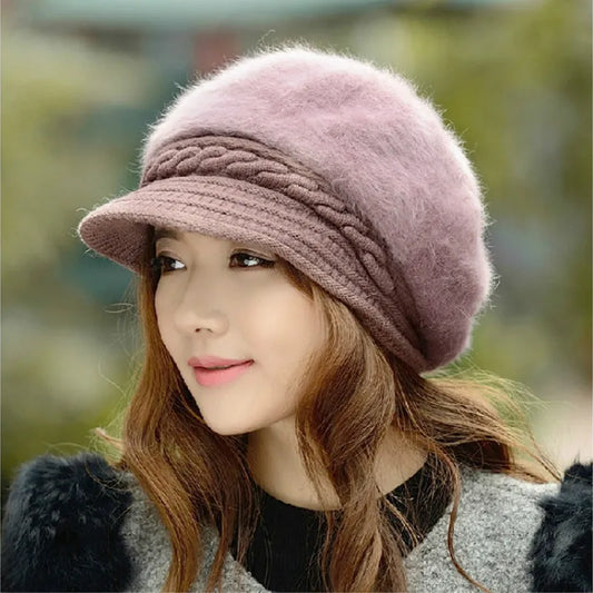 maoxiangshop New Women Beret Hats Fashion Winter Warm Rabbit Fur Knitted Beanie Ladies Female Casual Fleece Berets Cap bonnet hiver femme