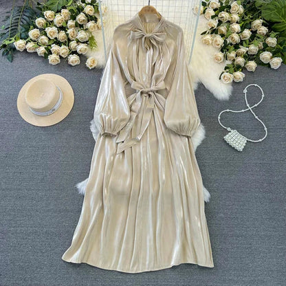 maoxiangshop Frenchic Vintage Long Dress Women Lace-up Bow Collar Lantern Sleeve Female Vestidos De Mujer Spring Elegant Dresses