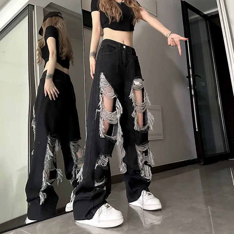 Y2k Broken Hole Jeans All-Match Distressed Women High Street Hip Hop High Waist Straight Loose Trousers Washed Mopping Pants