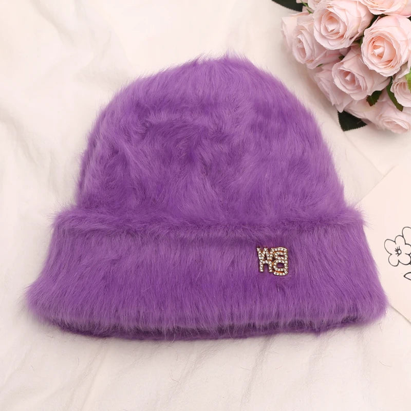 maoxiangshop New Fashion Rabbit Fur Y2k Beanies for Women Soft Warm Fluffy Angola Winter Hat Female Windproof Bonnet Hat Skullies Cap