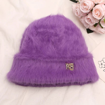 maoxiangshop New Fashion Rabbit Fur Y2k Beanies for Women Soft Warm Fluffy Angola Winter Hat Female Windproof Bonnet Hat Skullies Cap