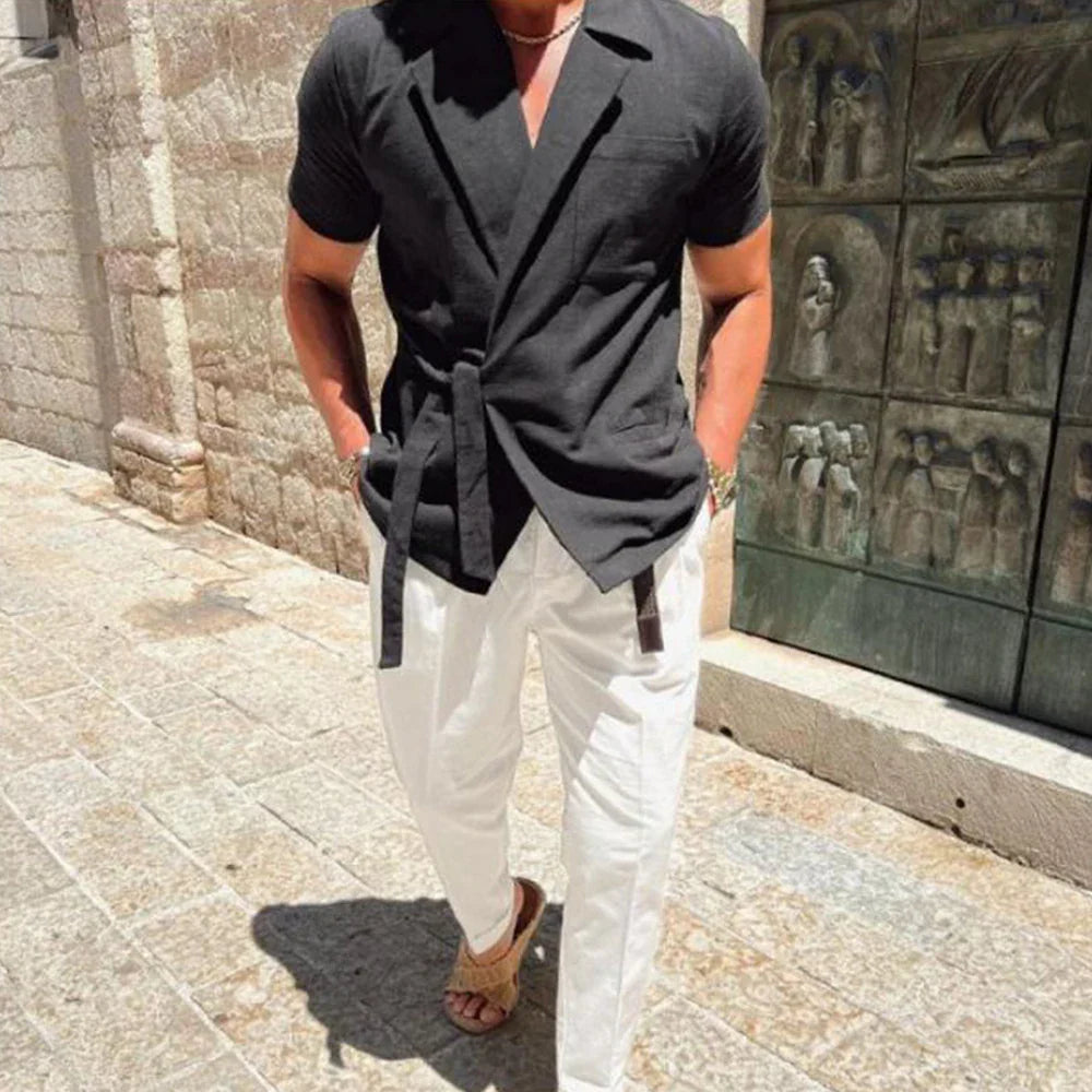 maoxiangshop Summer Solid Color Linen Short-sleeved Shirt Suit Lapel Strap French Elegant Gentleman Loose Casual Simple Top Men's Clothing