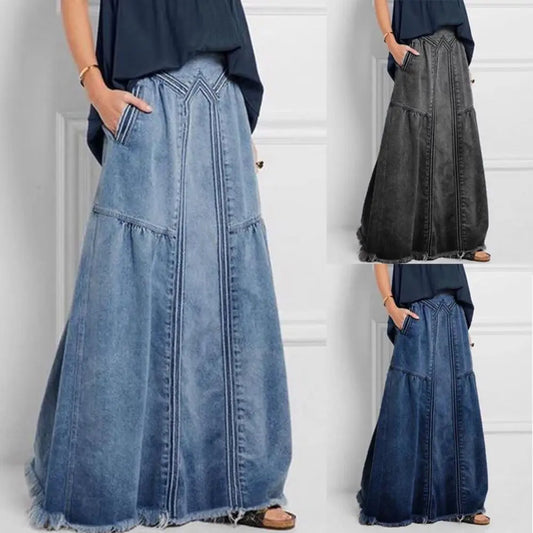maoxiangshop Oversize Fashion Street Skirt Summer A Line Denim Skirt Women Autumn Sun Skirt Casual Solid High Waist Women's Long Skirt