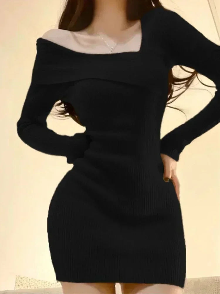 Korean Style Mini Knitted One-piece Dress Women Coquette Sexy Long Sleeve Tunic Cabaret Dresses Khaki Winter Clothes